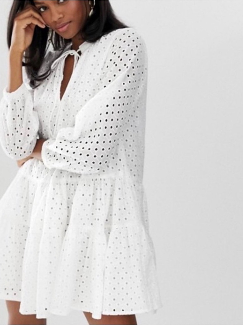 ASOS White Eyelet Broderie Anglaise Smock Mini Dress US 2 Bohemian Bridal